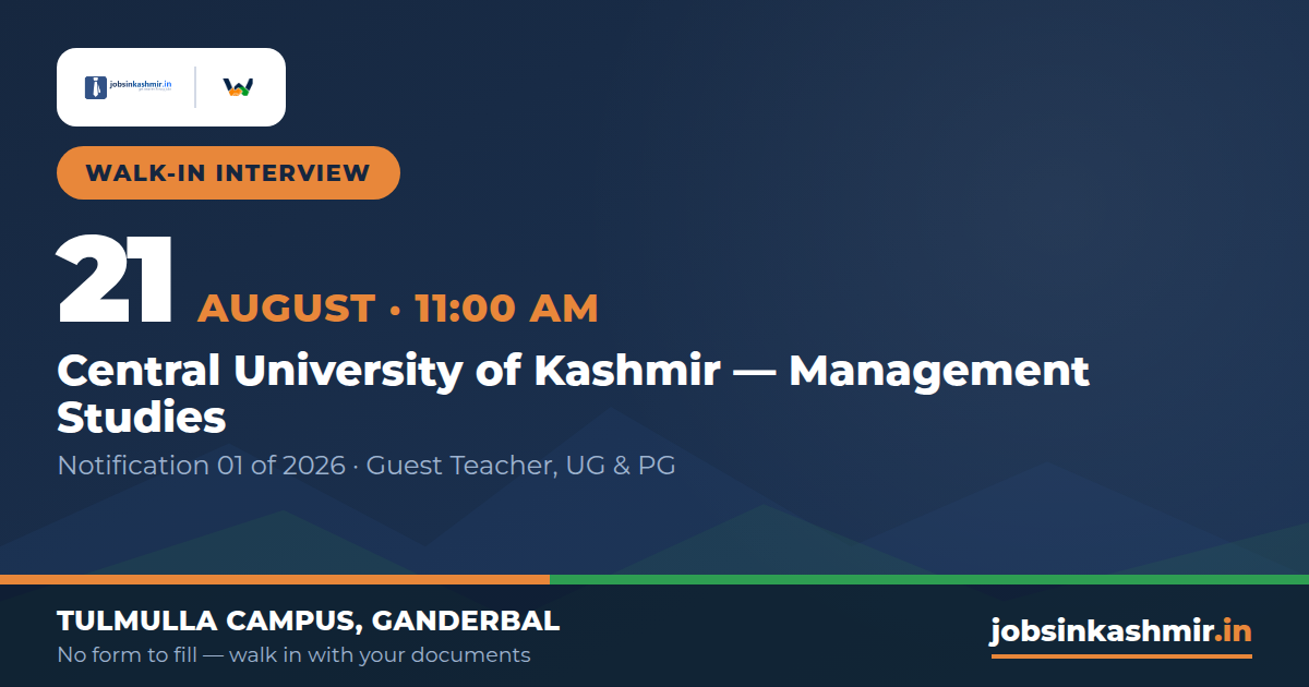 Guest Teacher, Management Studies - Walk-in Interview 21 August | Central University of Kashmir
