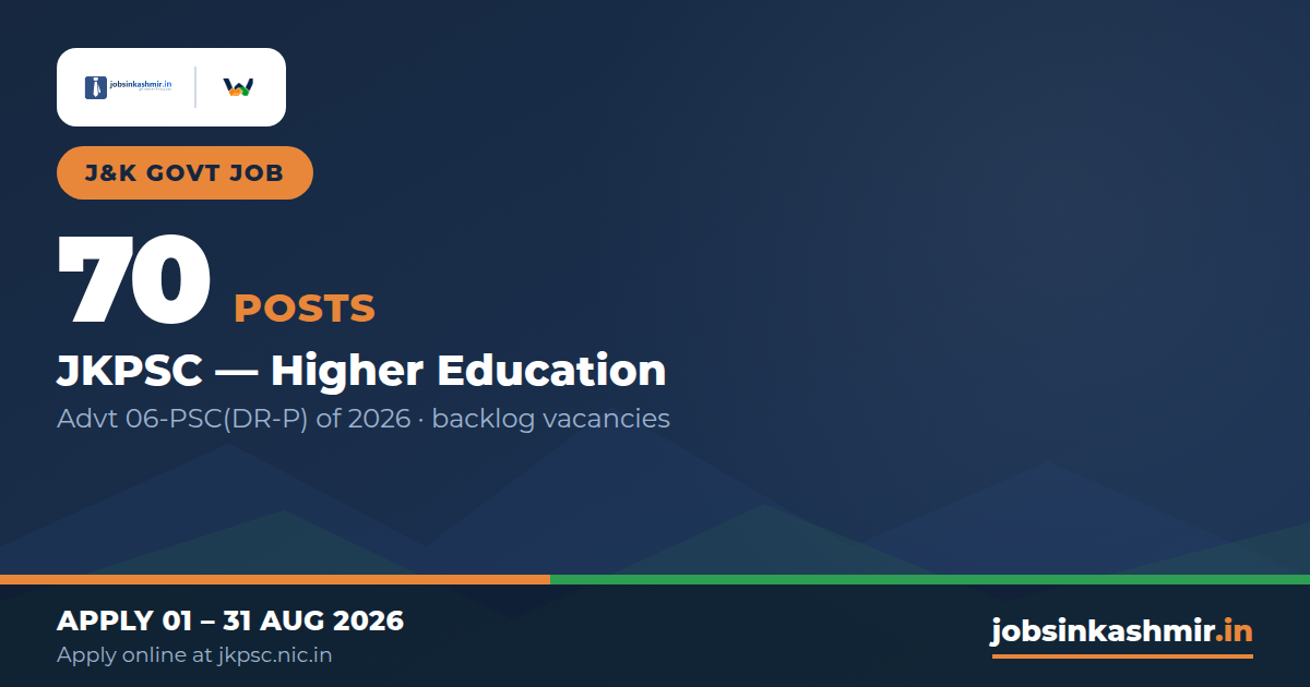 70 Backlog Assistant Professor Posts - 24 Disciplines (Advt 06-PSC(DR-P) of 2026) | JKPSC