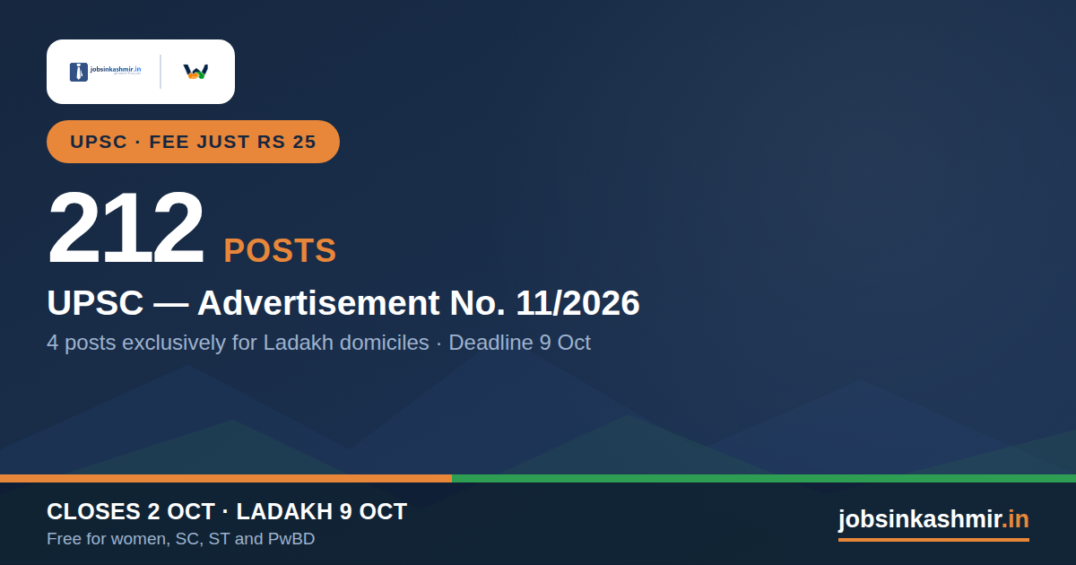 UPSC - 212 Posts, and 4 Are Reserved Exclusively for Ladakh Domiciles with a Later Deadline