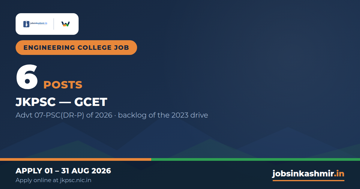 6 Backlog Posts - Assistant Professor & Librarian at GCET (Advt 07-PSC(DR-P) of 2026) | JKPSC