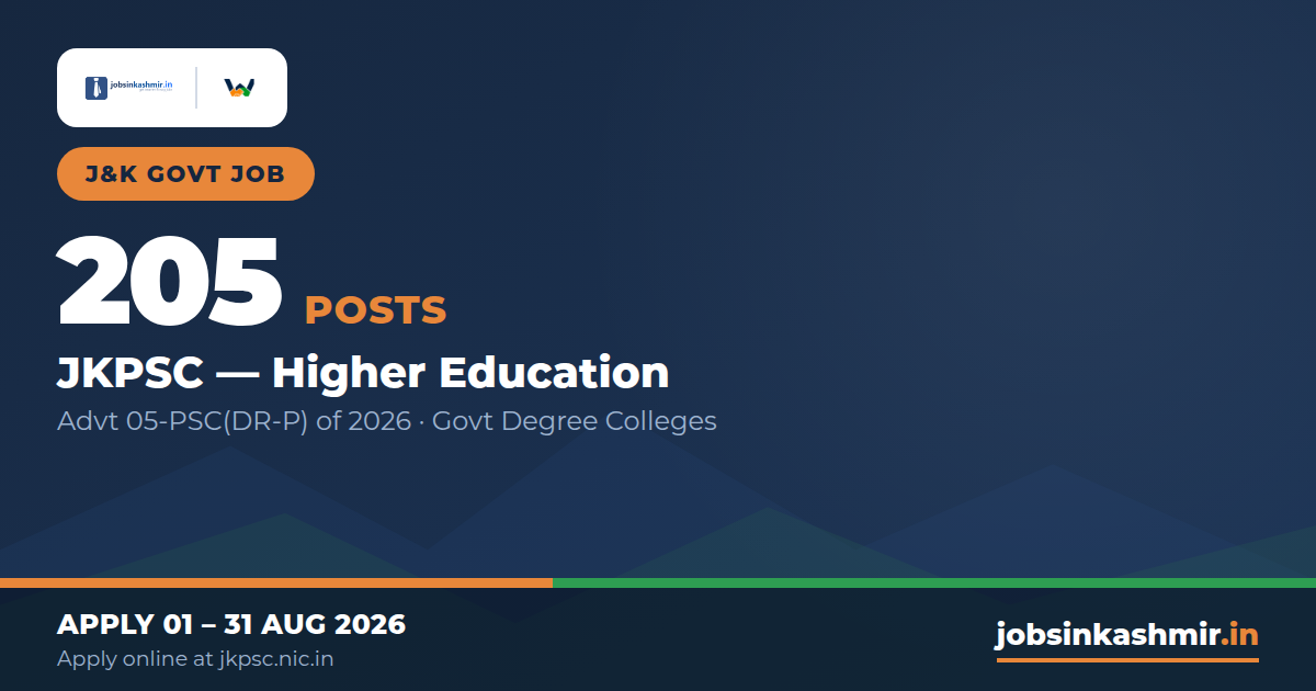 205 Posts - Assistant Professor, College Director of Physical Education & Librarian (Advt 05-PSC(DR-P) of 2026) | JKPSC