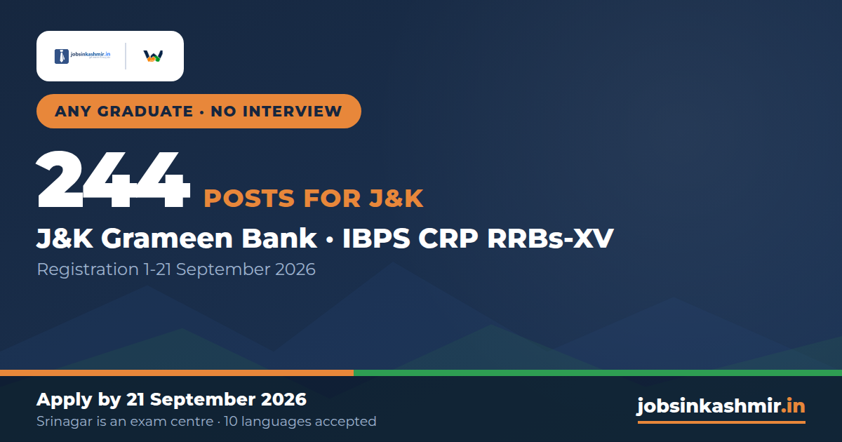 IBPS RRB - 244 Posts at J&K Grameen Bank, 200 for Any Graduate, Srinagar is an Exam Centre (CRP RRBs-XV)