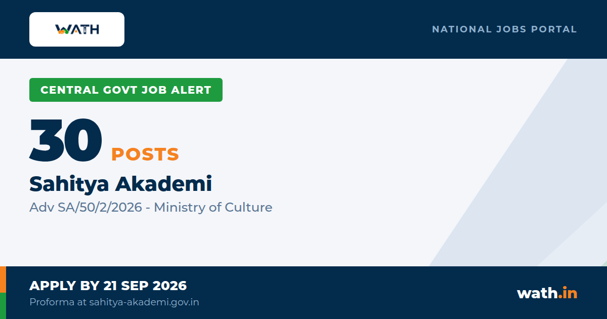 Sahitya Akademi - 30 Central Govt Posts, Level-1 to Level-11 (Closes 21 SEPTEMBER, Not October)