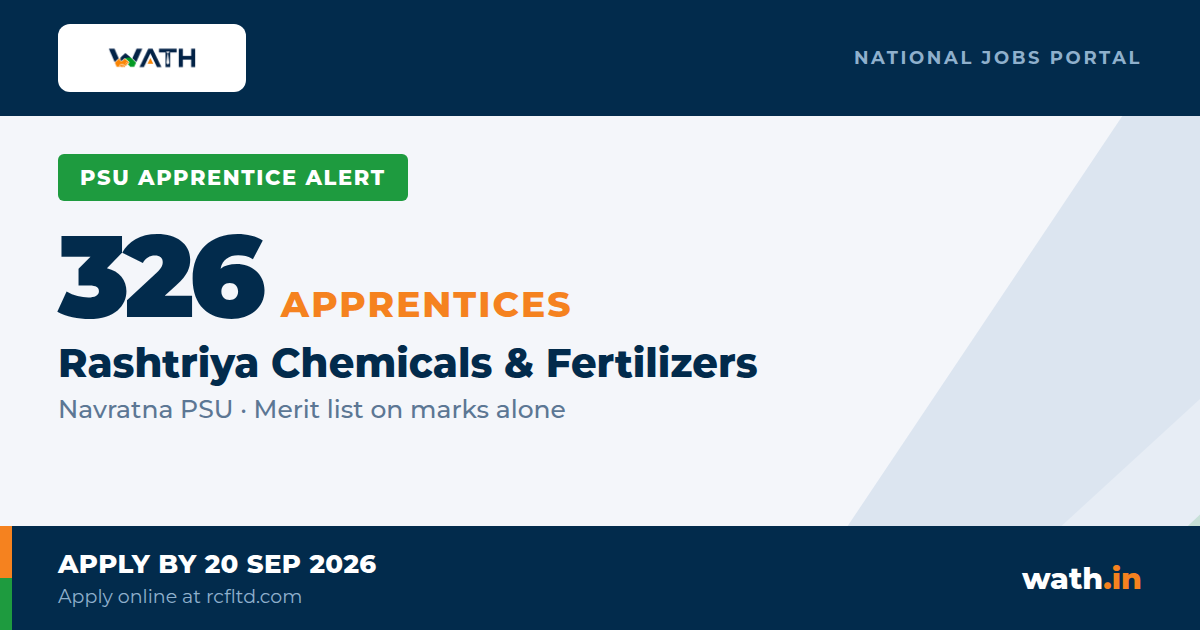 RCF Navratna PSU - 326 Apprentices, No Exam, Merit List on Marks Alone, Stipend up to Rs 17,300