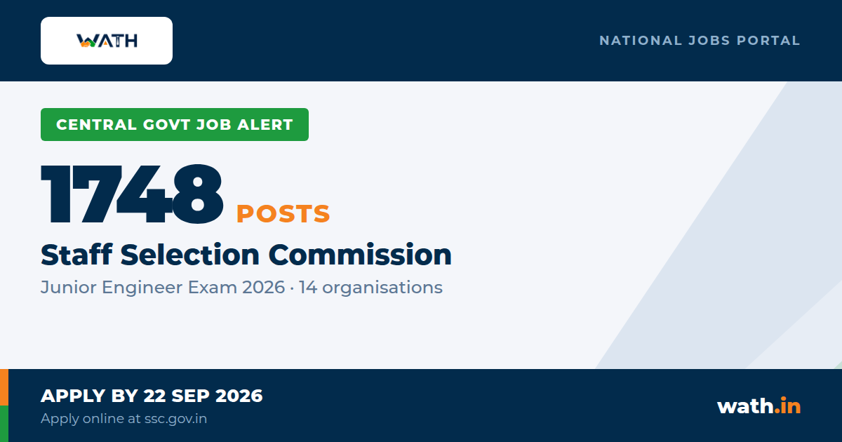 SSC Junior Engineer Examination 2026 - 1,748 Posts Across 14 Central Organisations, Diploma Eligible